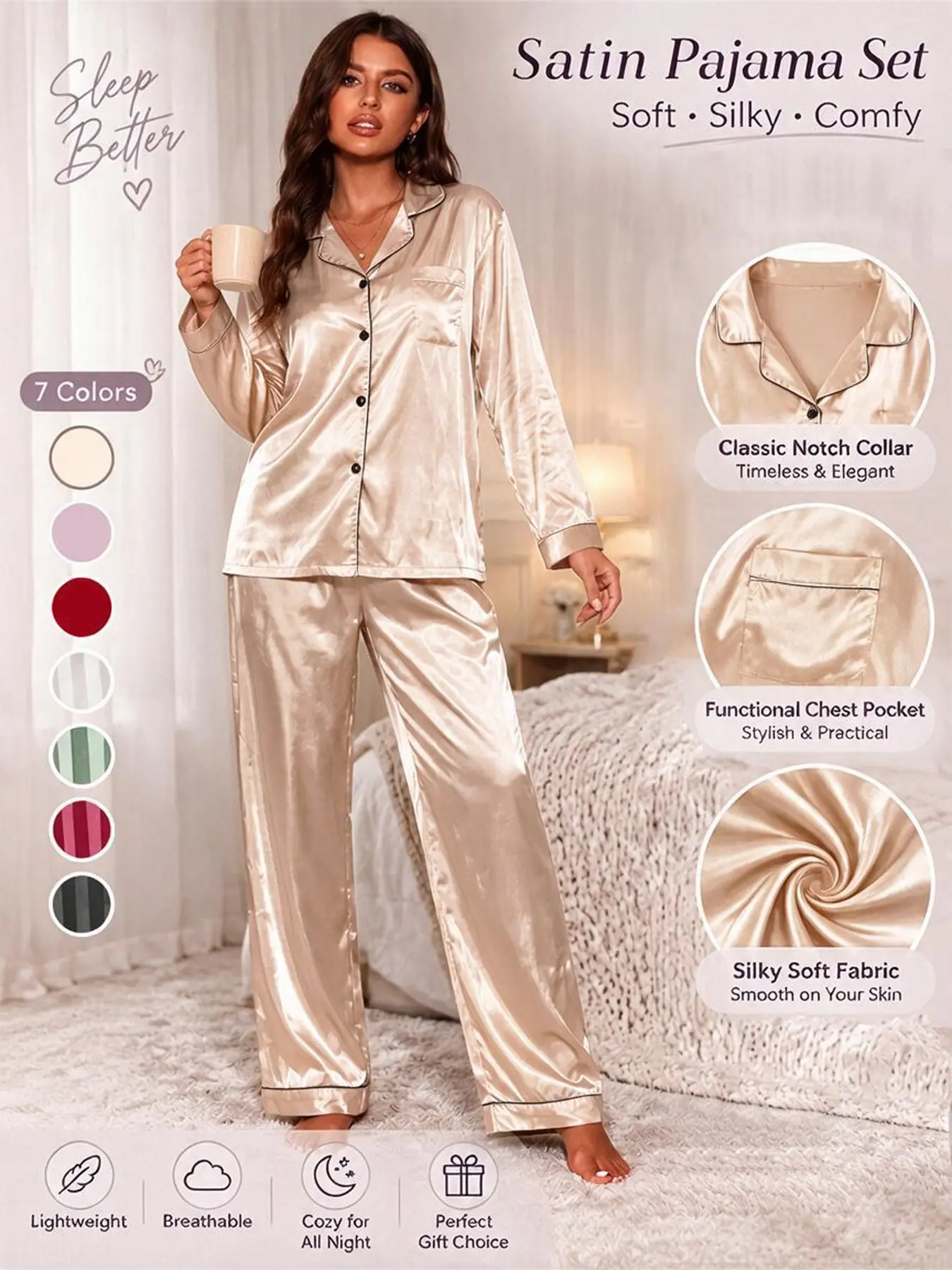 Women's Long Sleeve Pajama Set, Striped Jacquard Design, Satin Fabric, Comfortable Sleepwear for Night & Daily Wear, All Seasons