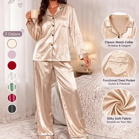 Women's Long Sleeve Pajama Set, Striped Jacquard Design, Satin Fabric, Casual Comfortable Sleepwear & Loungewear for Night & Daily Wear, All Seasons, PJ Sets