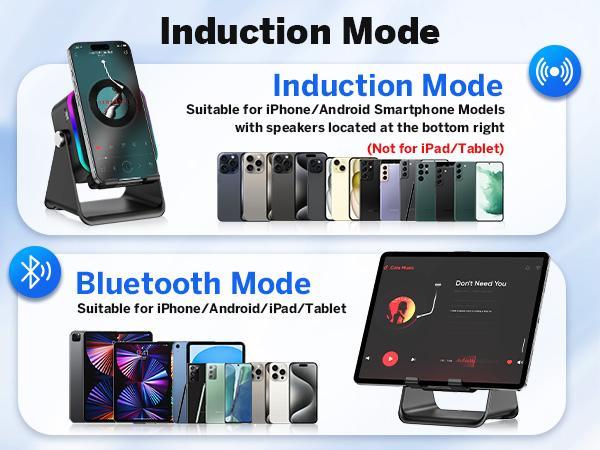 Wireless Induction Speaker With Colorful Ambient Light 360 Adjustable Phone Holder for iPhone Android Samsung Phone Speakers