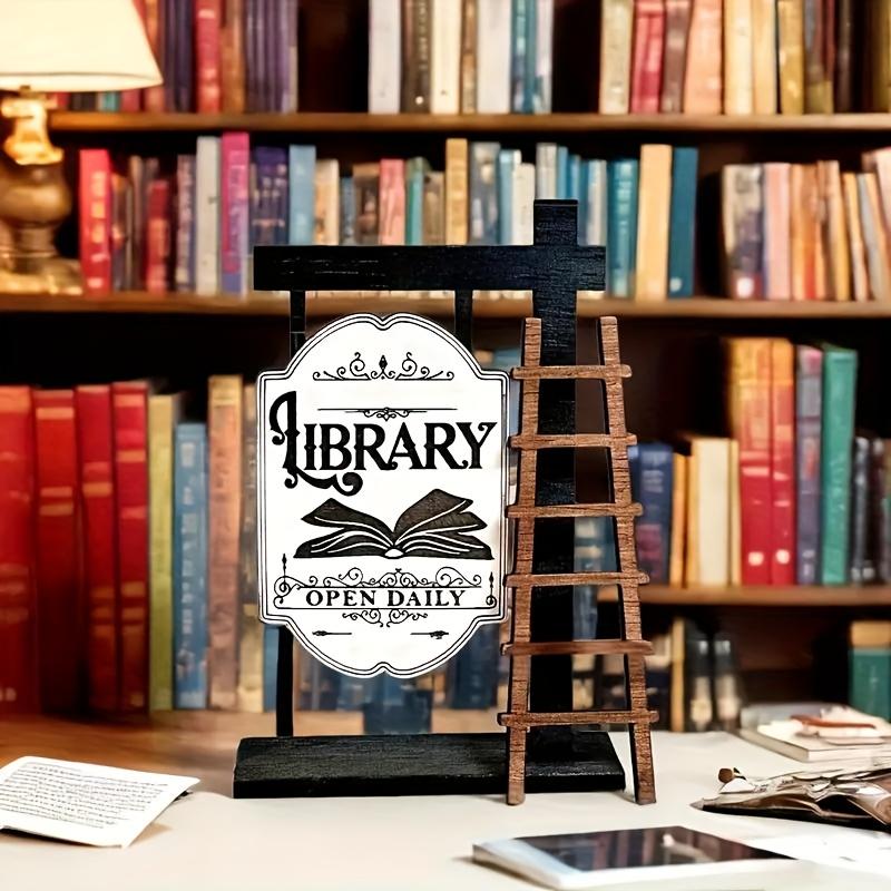Vintage Wooden Library Sign, Elegant Shelf Design, Mini Desktop Decor, English Text, Home and Office, Desk Accessories, Book Decoration
