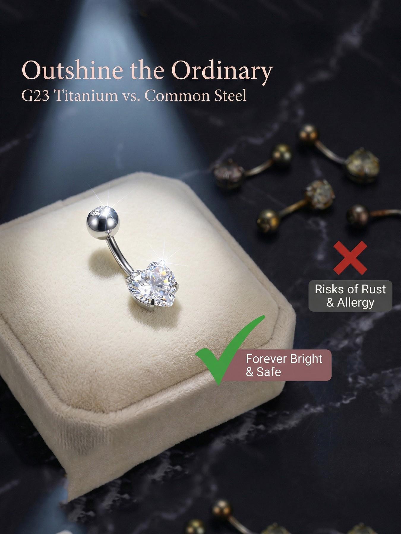 Titanium Belly Button Rings, Internally Threaded 8-16mm Long Belly Ring, Heart CZ Navel Rings for Women 14G Belly Piercing Jewelry