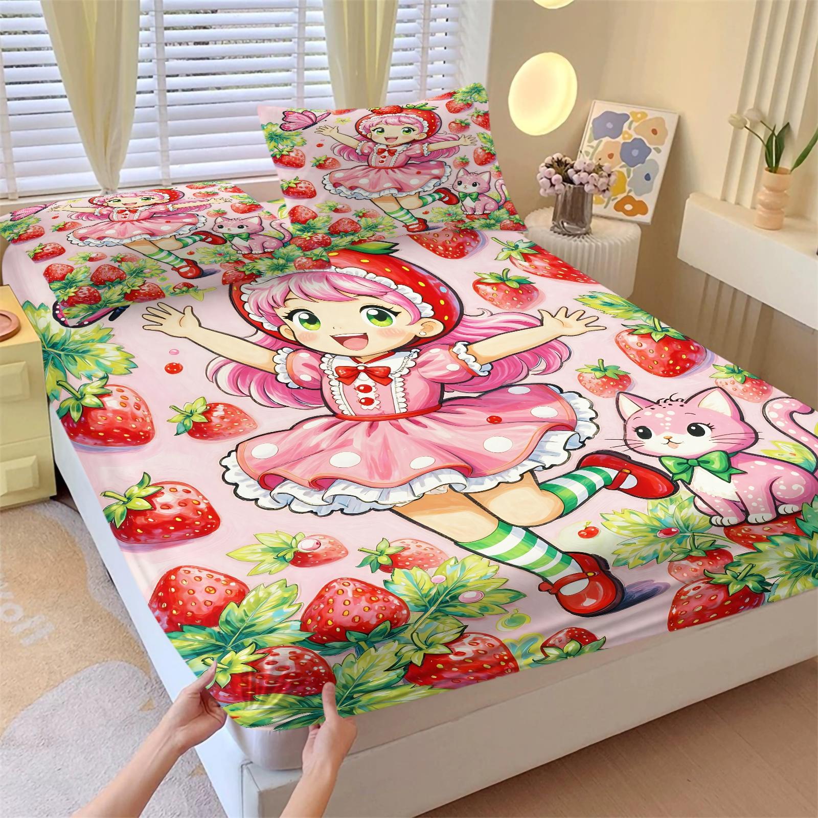 Anime Strawberry Girl Fitted Sheet Set, 1 Fitted Sheet + 2 Pillowcases - 3 Pcs Soft Breathable Bedding with Deep Pocket, 360° All-Round Wrap, Wrinkle Resistant, Cute Strawberry & Cat Cartoon Bed Sheets for Girls, Full Size