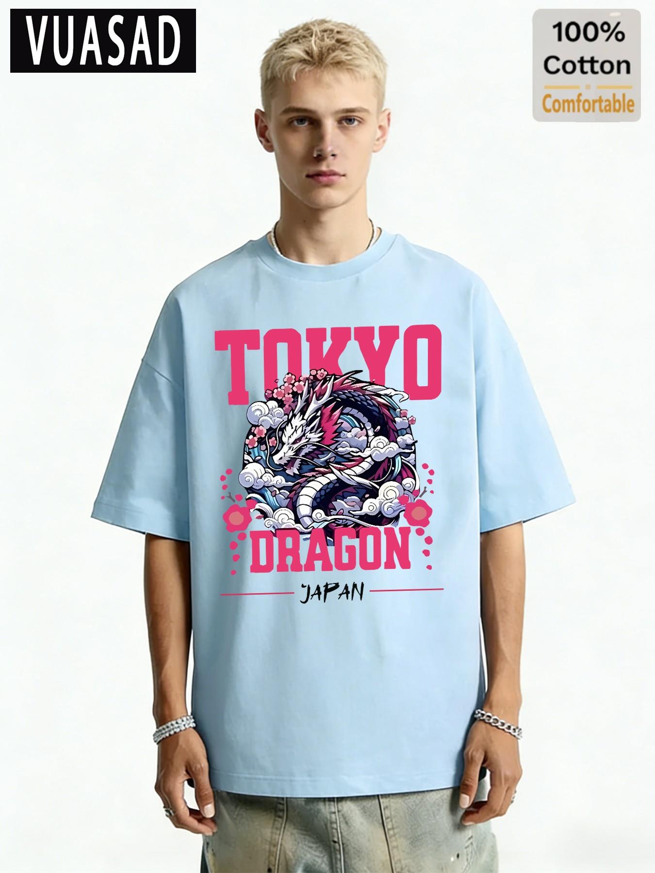 100% Cotton Short Sleeve T-Shirt, Japanese Style Tokyo Dragon Cherry Blossom Print, Loose Fit Drop Shoulder Top, Casual Fashion