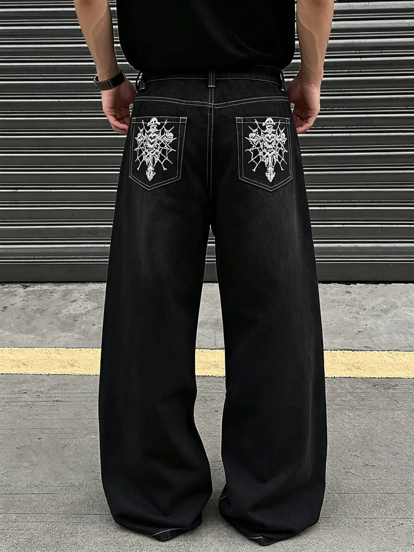 New Pattern Pocket Embroidered Loose Jeans, Street Style Denim Jeans, Men's Relaxed Fit Jeans, Fashionable Casual Wear, Slouchy Jeans