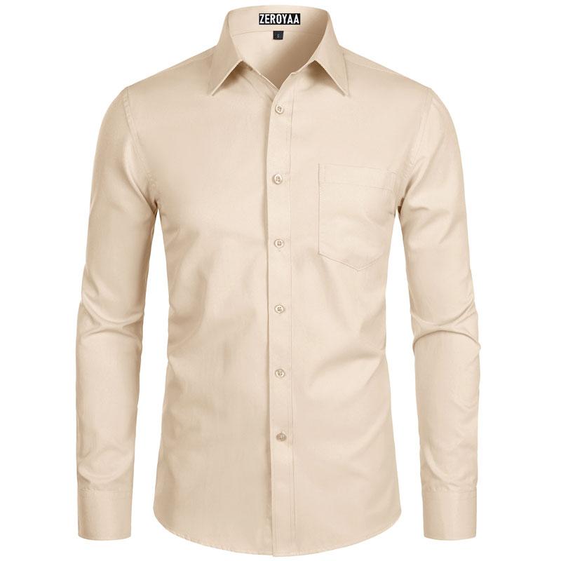 Zeroyaa Men's Long Sleeve Button Up Shirts Solid Slim Fit Casual Business Formal Dress Shirt with Pocket Menswear Korean summer outfits men funny shirts