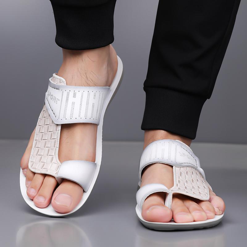 Men's Summer New Sandals, Letter Print Straw Texture, Trendy Anti-Slip Thin Sole, Casual Beach Shoes, Fashionable and Comfortable