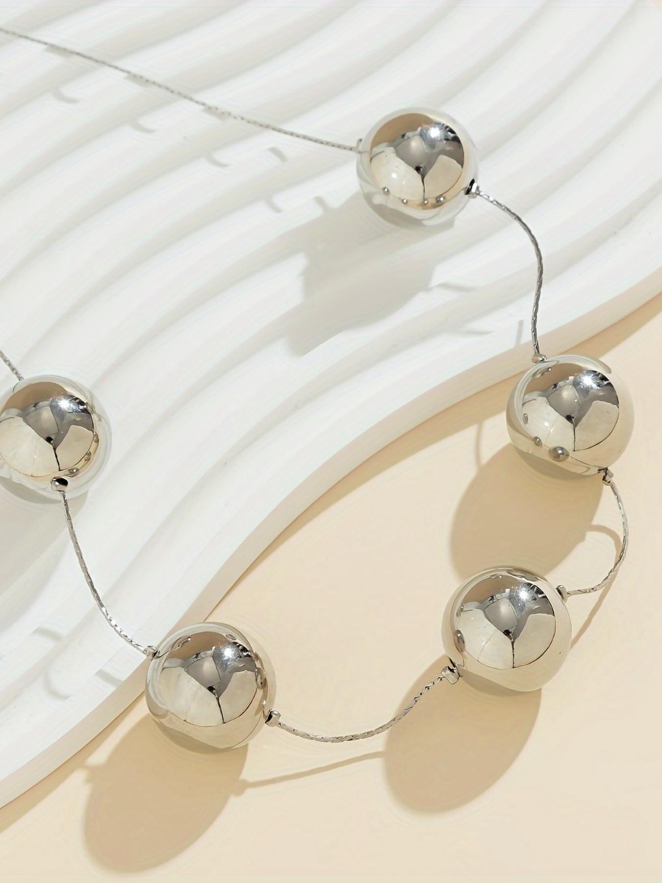 Women's Silver Color Ccb Round Bead Necklace Chain, Fashionable Casual ...
