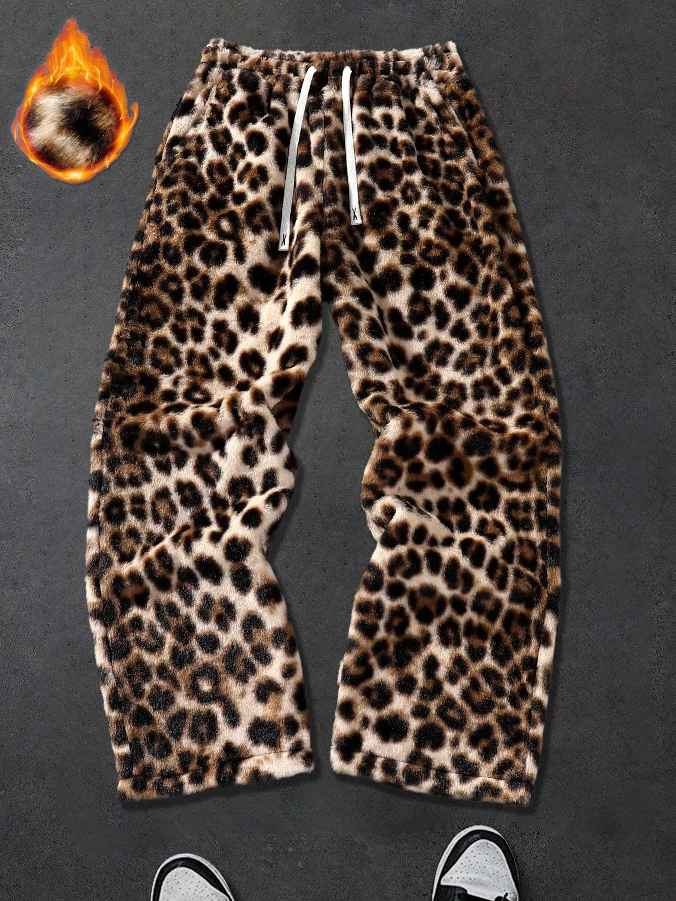 Y2K Grunge Leopard Print Fuzzy Wide Leg Pants for Men Women, Warm Fluffy Faux Fur Baggy Trousers, Elastic High Waist Drawstring Loose Full Length Pants, Streetwear Winter Casual Skate Daily OOTD Loungewear Outfit Bottom