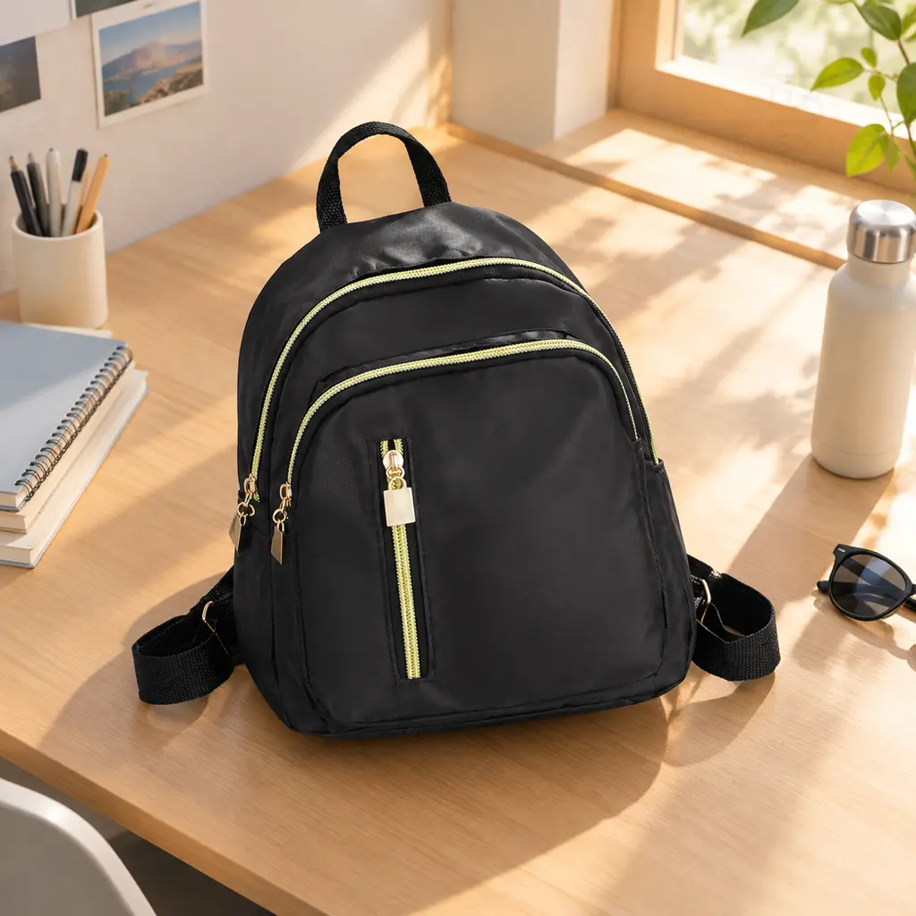 Women's Medium Solid Black Backpack, Casual Nylon Water Resistant Daypack with Gold Zippers, Multi-Pocket Lightweight Travel Bag for Daily Use, Work and Commuting, Trendy Fashion Everyday Rucksack Bookbag for Ladies