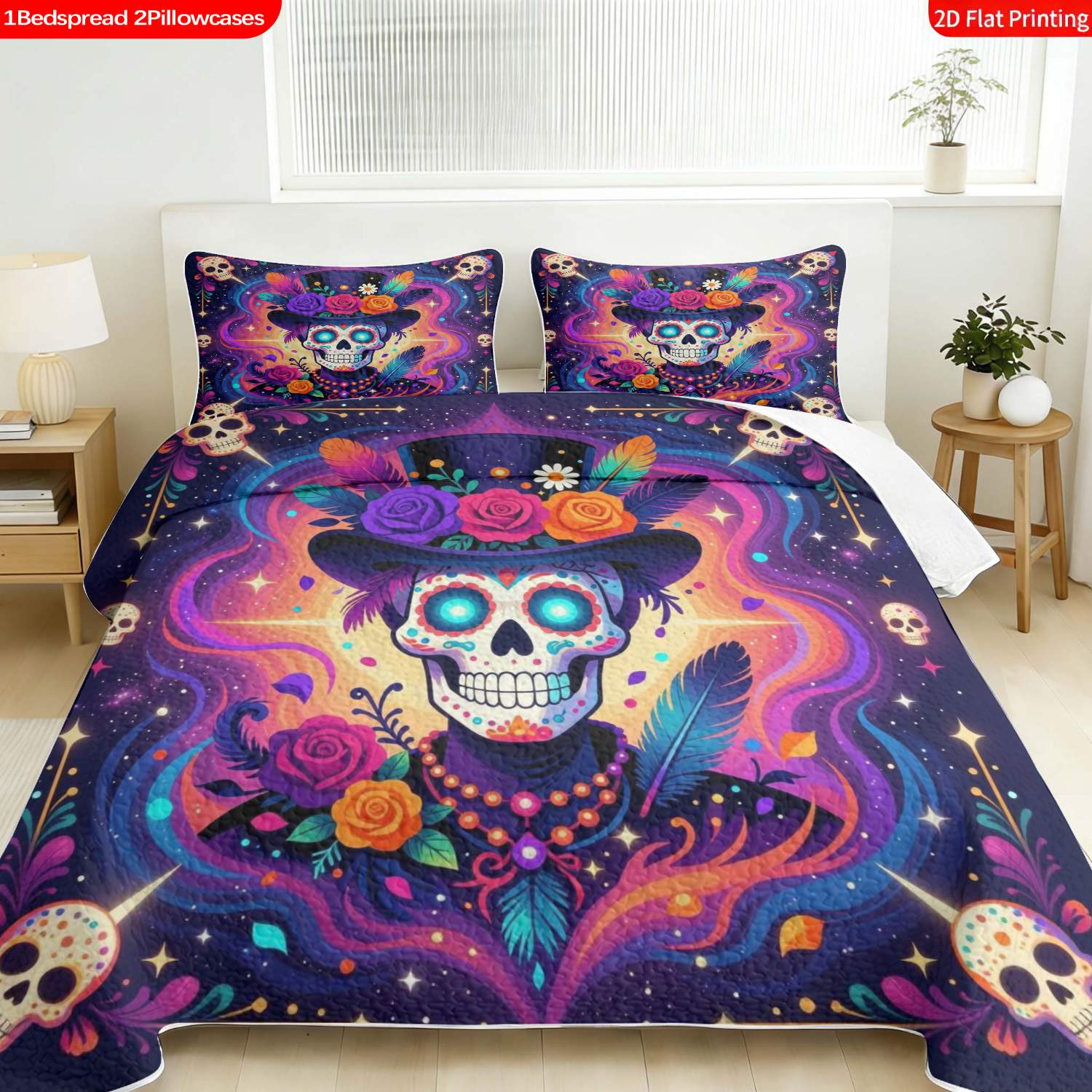 3 pcs, 2D Flat Print Day of the Dead Skull Art Bedspread Set, Soft and Comfortable, Multiple Sizes Available, Suitable for Gifting and Daily Use, Ideal for Creating a Cozy Home Atmosphere(1 bedspread , 2 pillowcases)