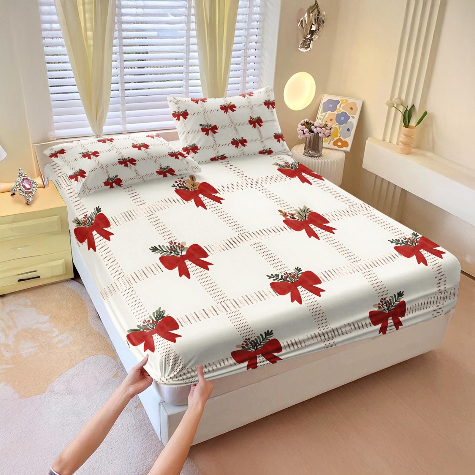 3PCS Cute Romantic Sweet Bow Fitted Sheet Set, Soft Cozy Aesthetic Bedding with Elastic All Around for Mattress, Housewarming Birthday Valentine's Day Christmas Gift for Her