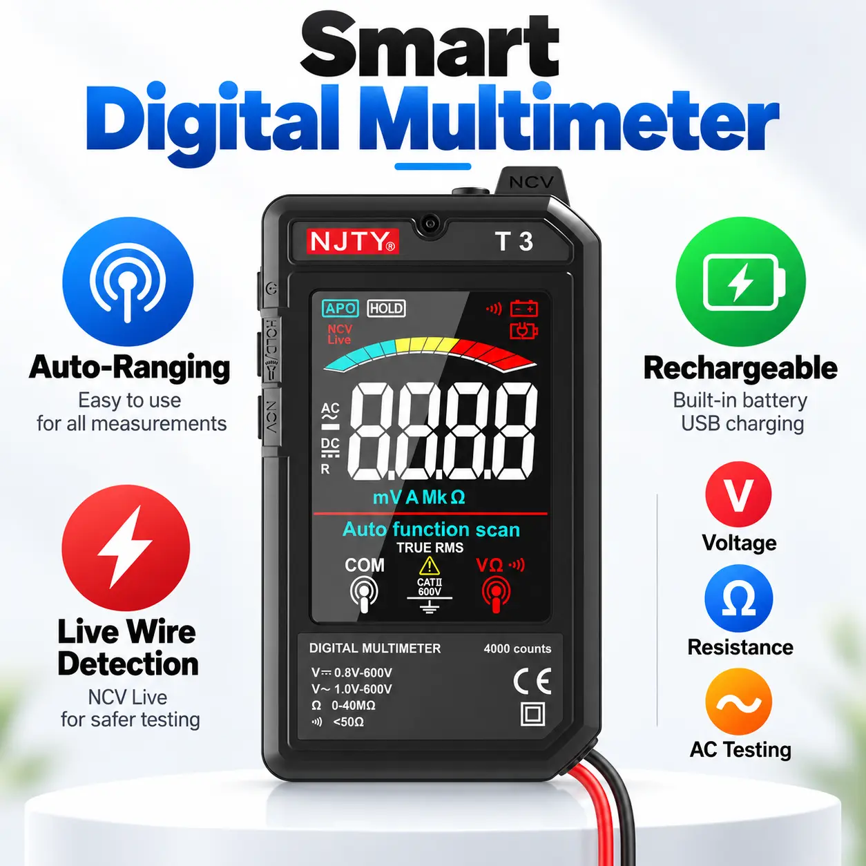 Smart Digital Multimeter with Auto-Ranging Function, High-Precision Voltage & Resistance Tester, Rechargeable Electrical Meter with Live Wire Detection