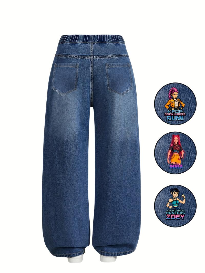‘Hunters Girl’ Printed Denim Jeans for Girls, Cute Portrait Graphic Jeans, Trendy Streetwear for Ages 8-12, Perfect for Young Fashionistas