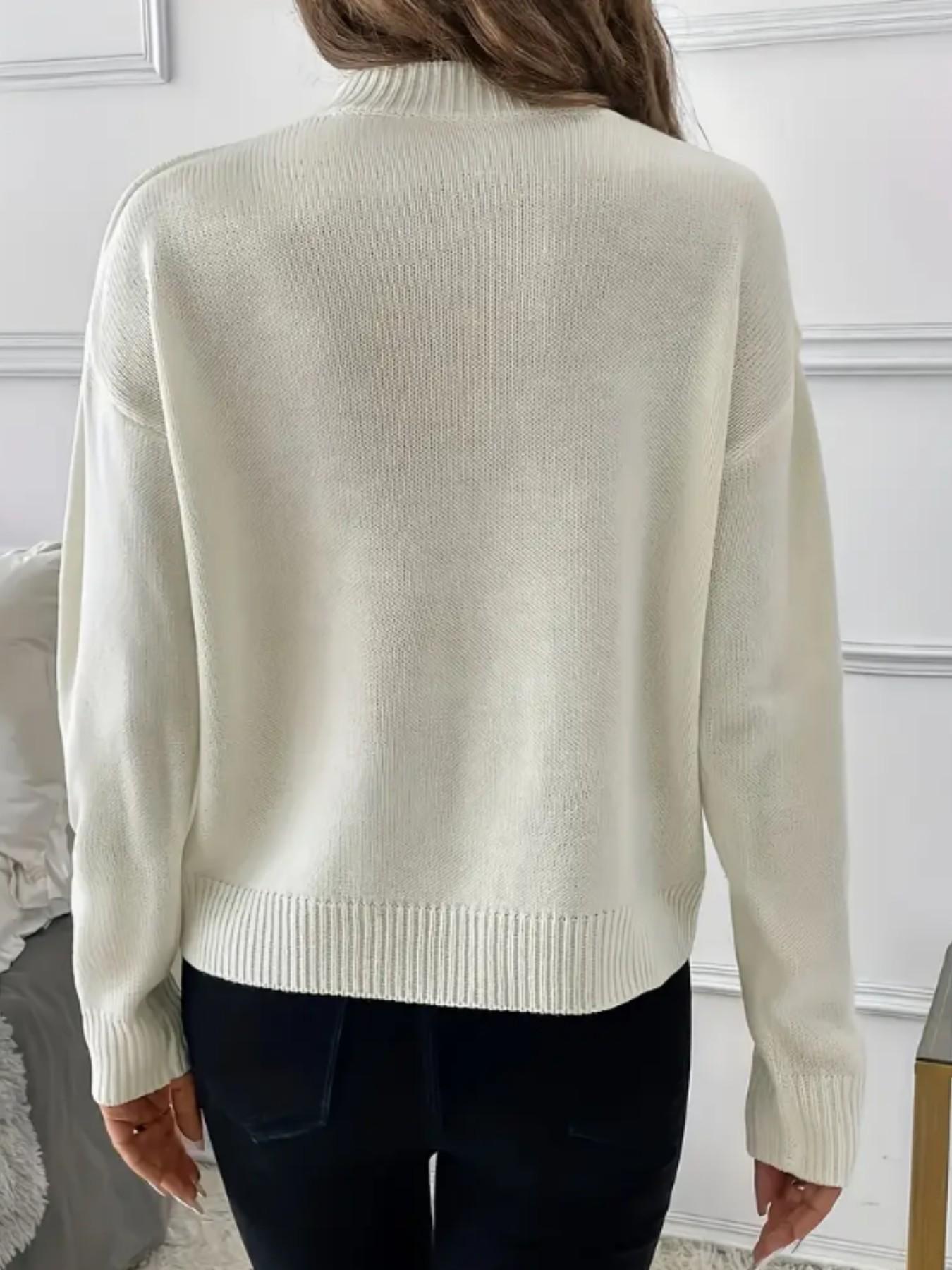 Women Bow Pattern Crew Neck Knit Sweater, Long Sleeve Loose Drop Shoulder Cropped Pullover, Coquette Aesthetic Fall Casual Tops