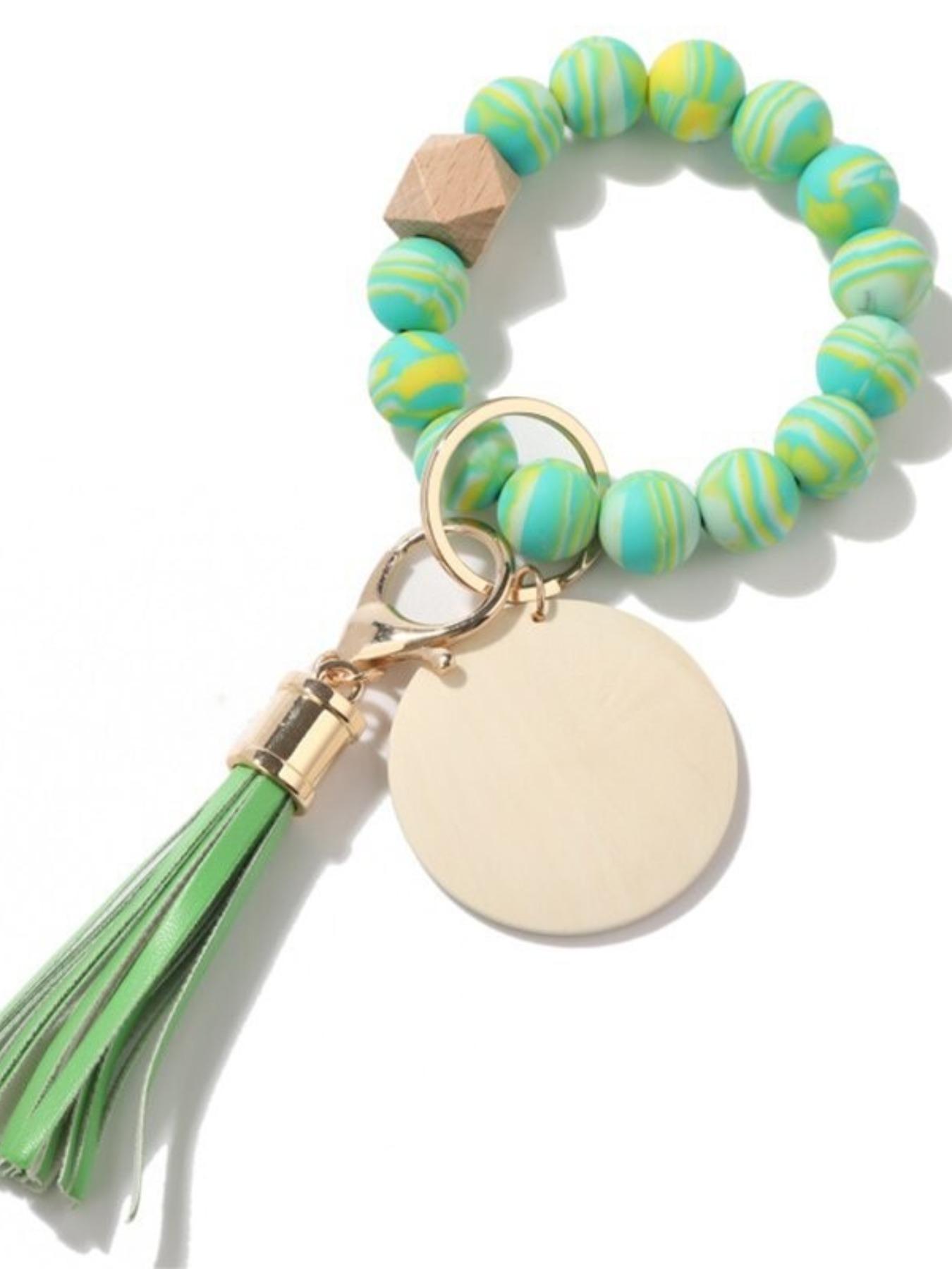 Women's Leopard Print Silicone Bead Wood Bead Tassel Bracelet Keychain, Printed Silicone Bead Wood Slice Wrist Keychain Logo Wooden Plate