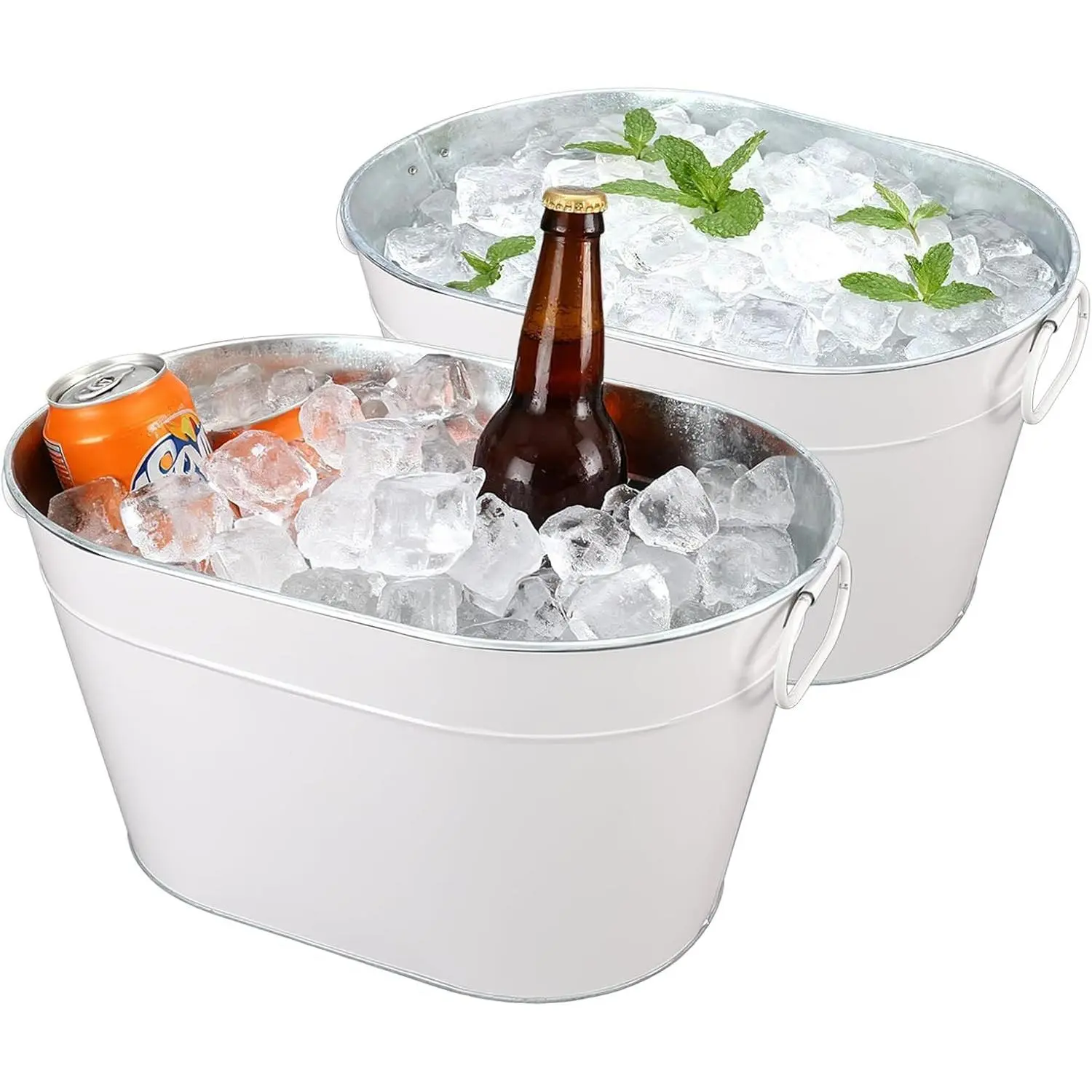 2PCS Galvanized Tub Ice Bucket for Parties, Thick Metal Galvanized Drink Buckets, Beverage Tub with Handles, Drink Bucket for Indoor & Outdoor Party (White)