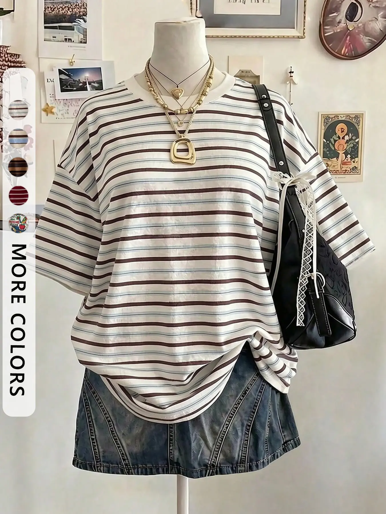 Women's Casual Multicolor Striped Round Neck T-Shirt, Y2K Style, Perfect for Holidays, Valentine's Day, Travel & All Seasons