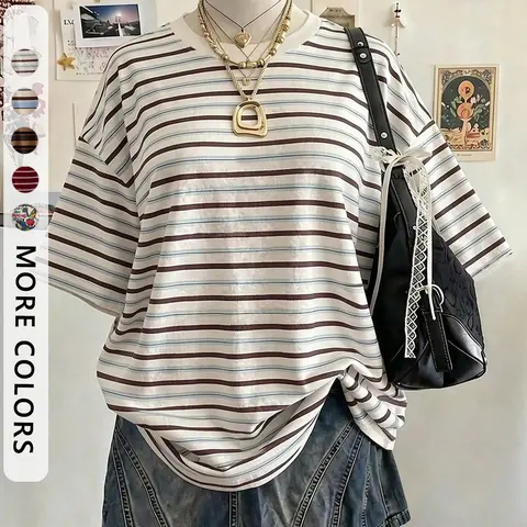 Women's Casual Multicolor Striped Round Neck T-Shirt, Casual Basic Top, Y2K Style, Perfect for Holidays, Valentine's Day, Travel & All Seasons