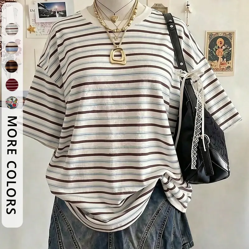 Women's Casual Multicolor Striped Round Neck T-Shirt, Casual Basic Top, Y2K Style, Perfect for Holidays, Valentine's Day, Travel & All Seasons