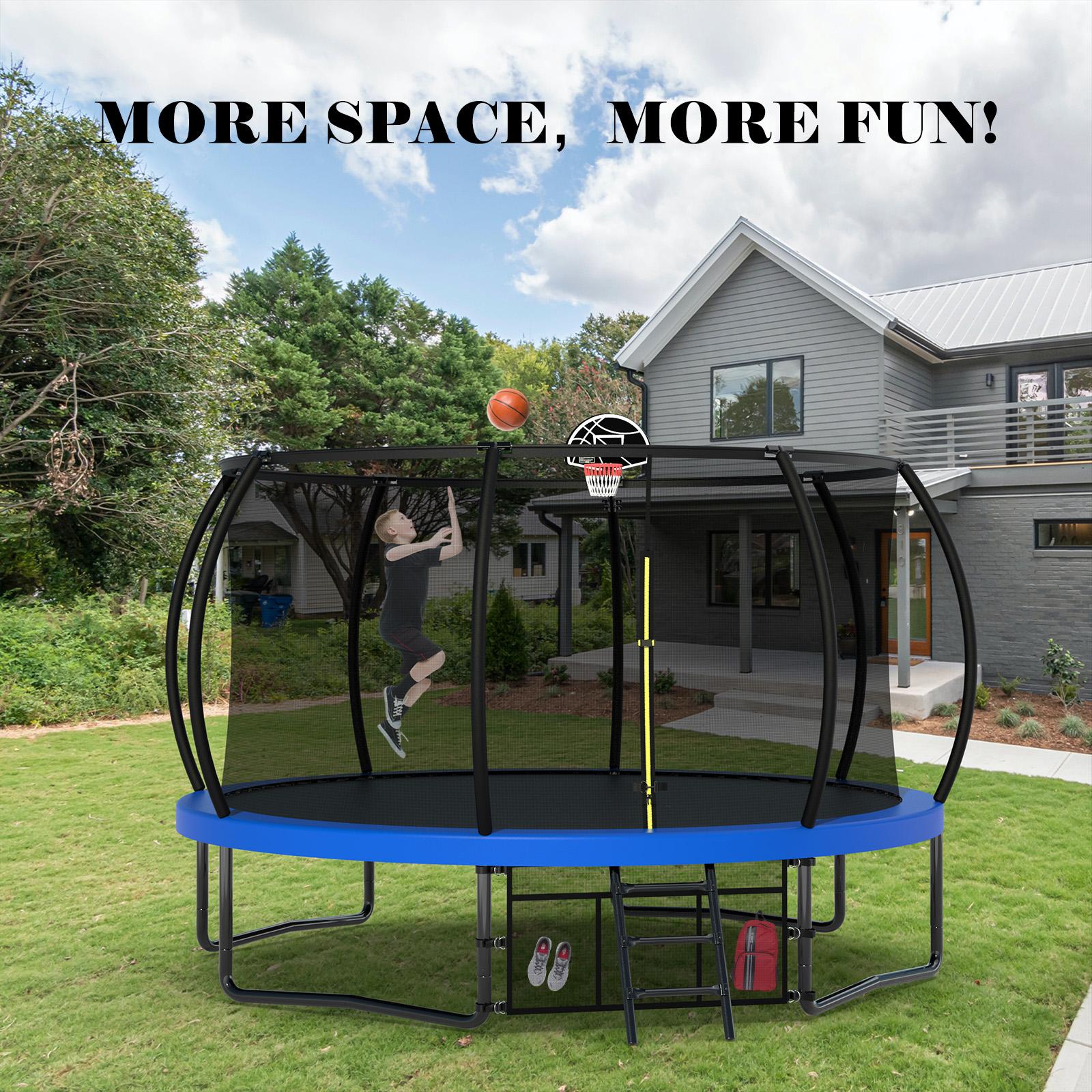 14ft Upgraded Outdoor And Backyard Trampoline For Kids And Adults, Blue Pumpkin Trampoline Design With Curved Pillars And Safety Fence, Comes With Basketball Hoop And Ladder, Blue