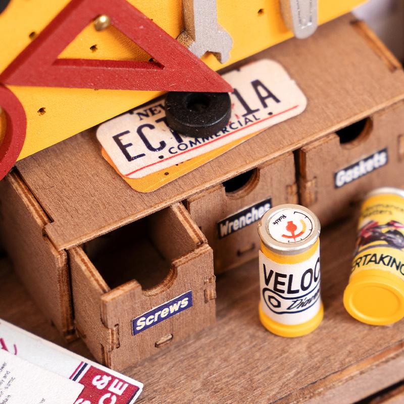 Rolife Miniature House Kit DIY Mini Dollhouse Garage Workshop Tiny House Making Kit with LED Light Decorative Wooden Craft Diorama Kit Hobby Gift