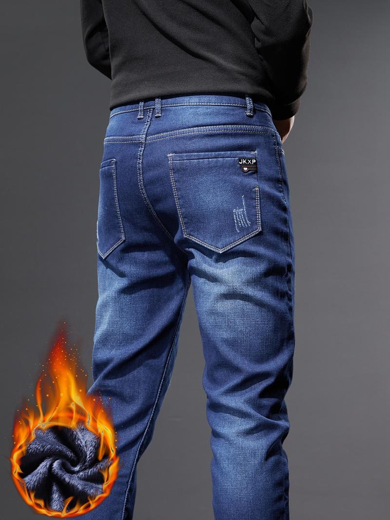 New Fall Winter Fleece Lined Thick Slim Fit Jeans for Men, Casual High-End Elastic Long Pants, Autumn Fashion Menswear
