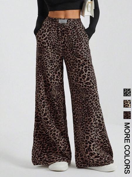 Valentine's Day Women's Leopard Print Wide Leg Pants, Casual Comfy Trousers for Daily Wear, Ladies Bottoms for Summer