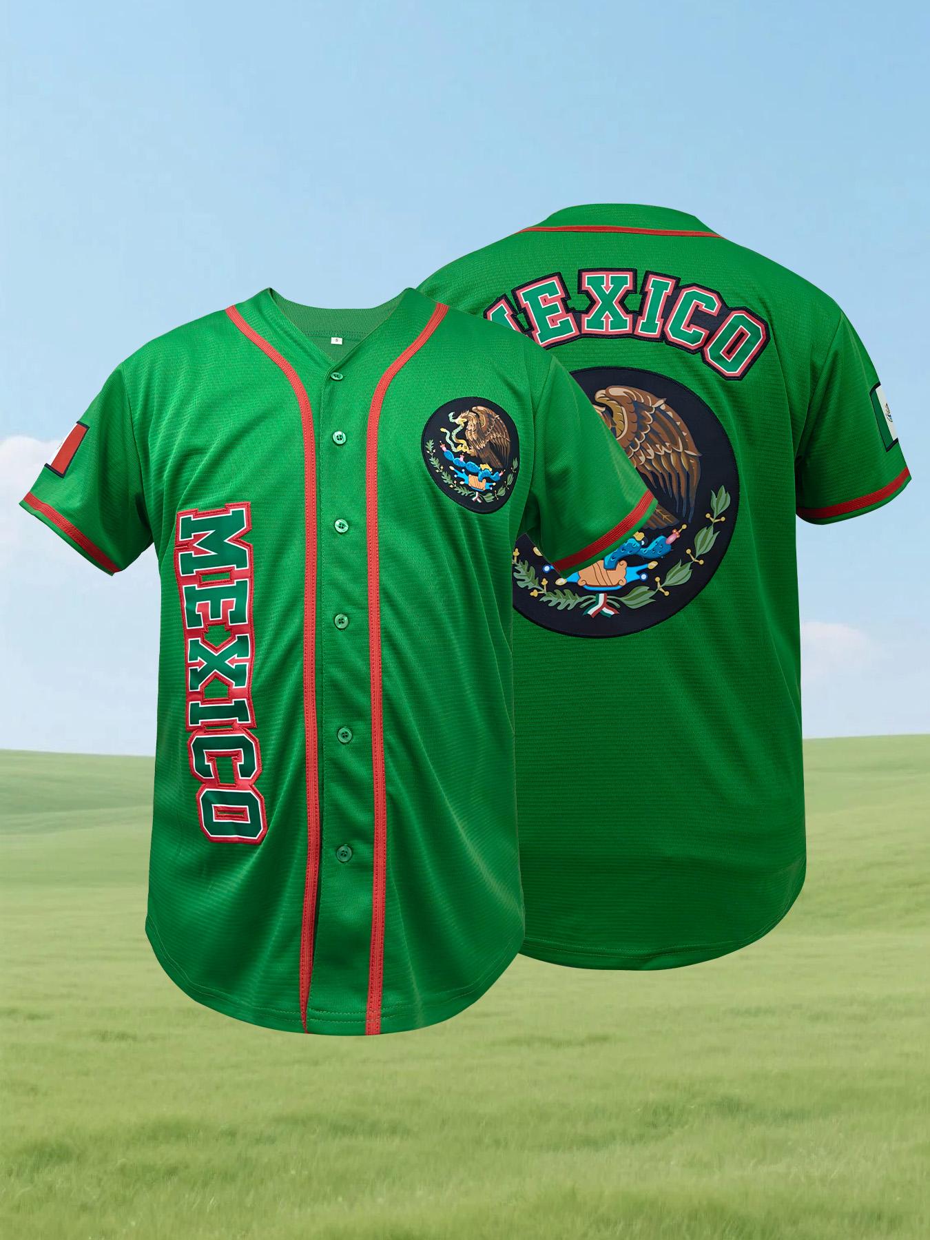 Men's Mexico Embroidery Baseball Jersey, Eagle Mexico Baseball Button Down Baseball Shirts, Mexican Flag Sports Shirt Unisex Style All Seasons