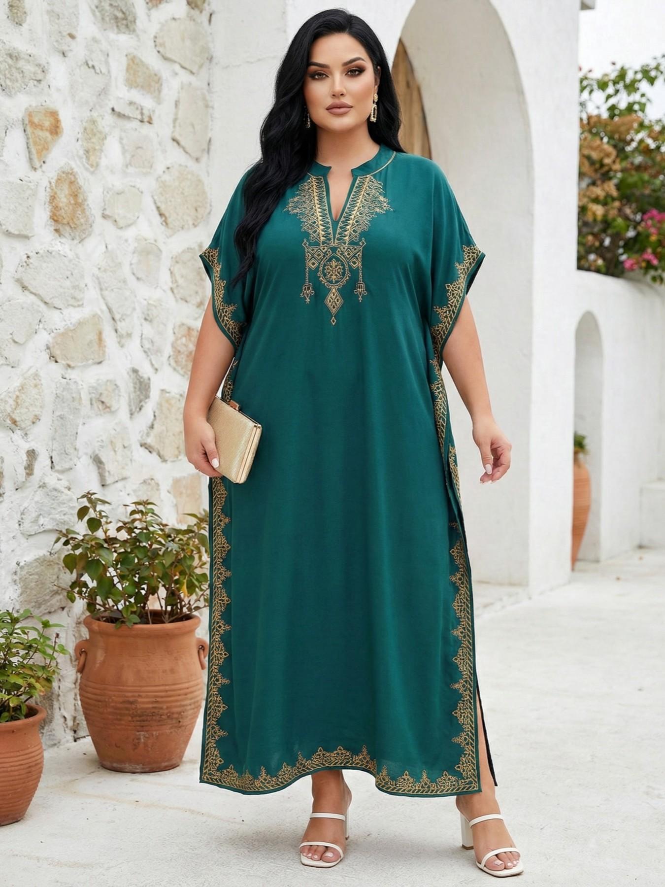 2026Plus Size Ethnic Pattern Embroidered Split Kaftan Dress, Boho Notched Neck Batwing Sleeve Long Dress, Summer Clothing, Women'S Summer Clothes, Modest Clothing Caftan Robe, Muslim Women Gowns, Modesty Muslim Clothing..