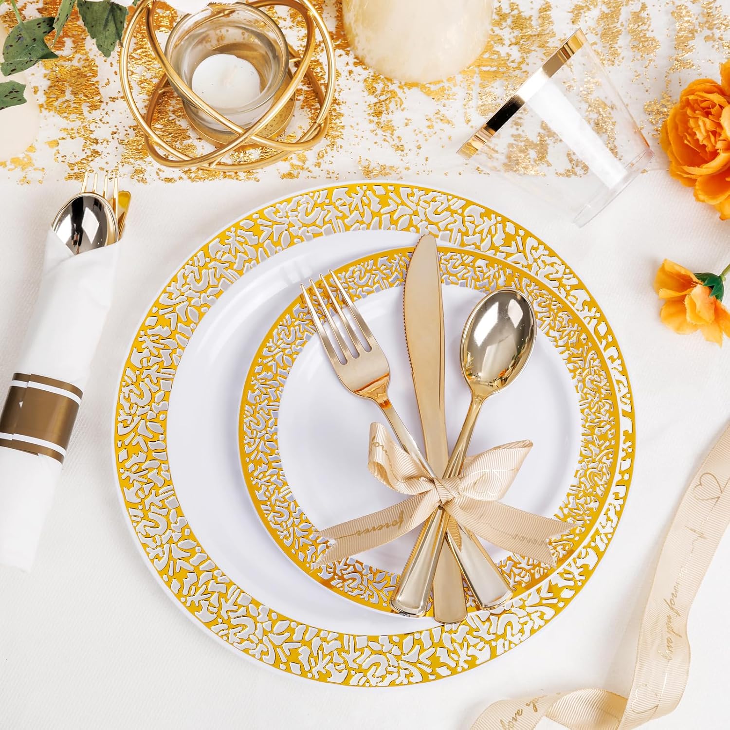 Pieces Gold/Silver Disposable Plastic Plates Set, Elegant Plates for Wedding & Party Pieces Gold/Silver Disposable Plastic Plates Set, Elegant Plates for Wedding & Party