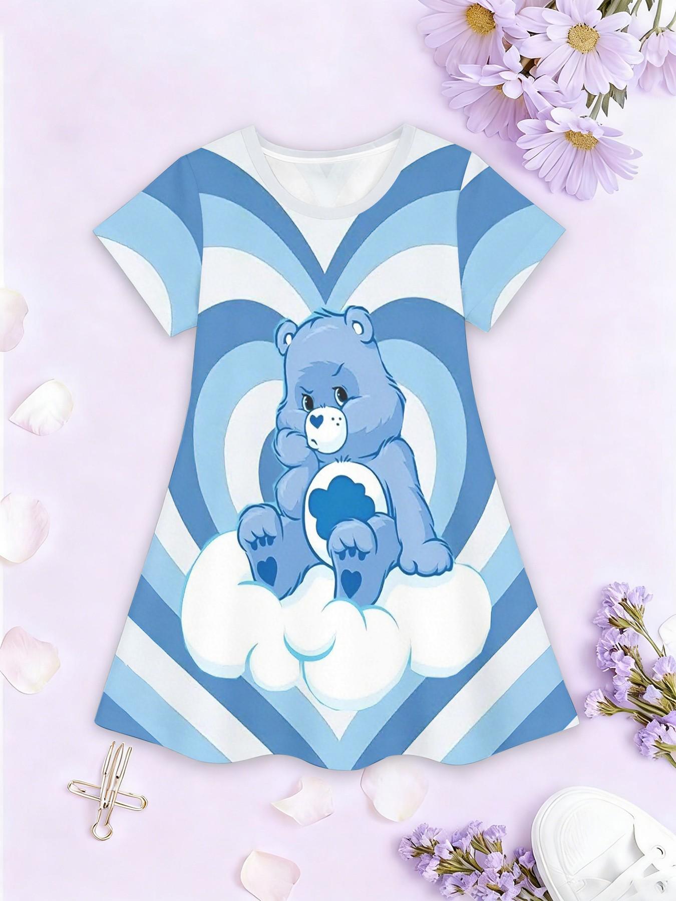 Girls' Heart Bear Night Owl A-Line Dress, Cartoon Healing Short Sleeve Dress, Fashion Outdoor Wear, Birthday Gift, Holiday Gift