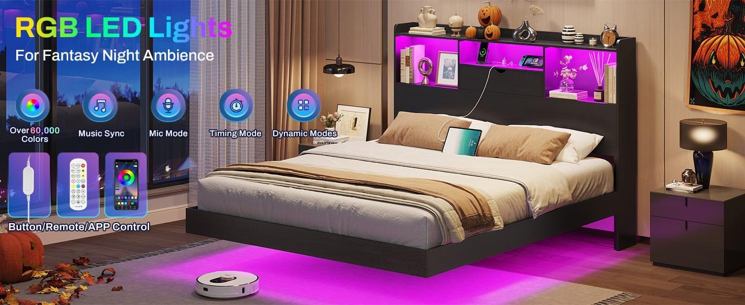 Sikaic Floating Bed Frame with LED Lights and Headboard Storage Black Modern Metal Platform Visual Floating Bed with Charing Station and Stable Structure