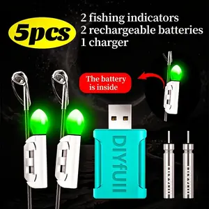 5-Piece Fishing Gear Set, Fishing Tackle, Includes 2 Rod Tip Lights & Rechargeable Batteries, USB Charger, High Visibility Night Fishing Accessories