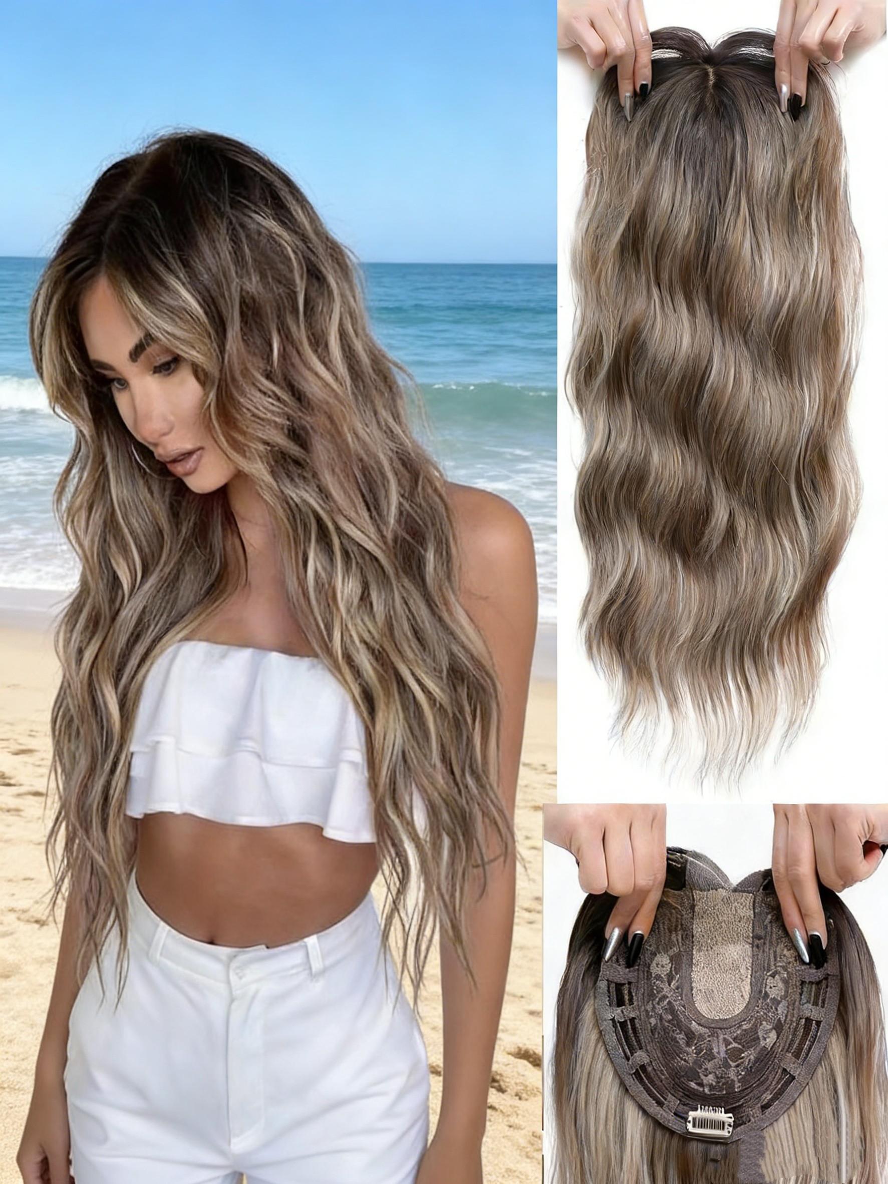 🔥 Instant Volume Boost! 22" Dark Brown Balayage Wavy Hair Topper, Clip-In Design, 100% Premium Kanekalon Synthetic, Seamless Blend for Thinning Hair & Daily Confidence!