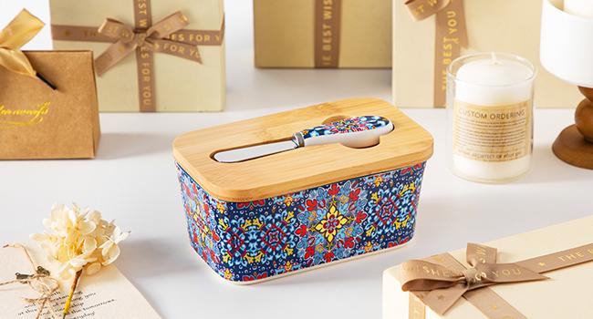 vancasso SIMI Butter Dish with Lid, 6.5" Large Butter Dish for Countertop, Bohemian Ceramic Butter Keeper Container with Knife and Bamboo Lid, Butter Holder for Counter