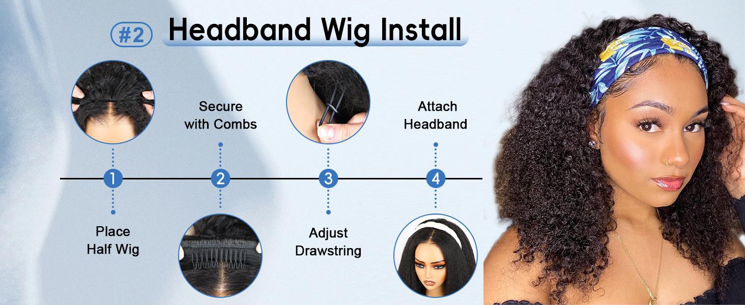 Bling Hair Kinky Curly Half Wig Human Hair 3 In 1 Seamless Flip Over Half Wigs Human Hair Glueless Wear and Go Beginner Friendly 180% Density Elastic Drawstring Headband Half Wigs for Black Women 18 Inch
