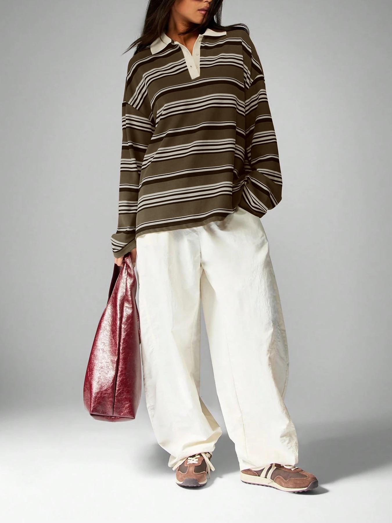 Vintage Striped Collared T-Shirt, Casual Loose Fit, Daily Commute/dating, Comfortable and Stylish, Perfect for Everyday Wear