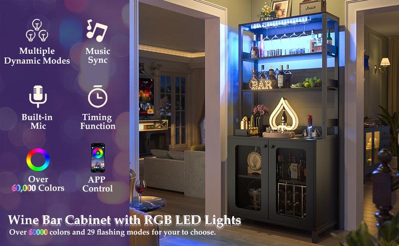 Bar Cabinet with Power Outlets, 67" Tall Wine Bar Cabinet Liquor Cabinet with LED Lights , Coffee Bar Station for Living Room Shelf Utensils