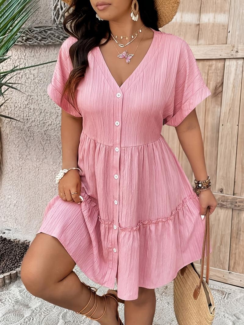 Plus Size V Neck Textured a Line Dress with Hollow Shoulders, Flared Hem for Summer, Women's Casual Sun Dress for Every Occasion