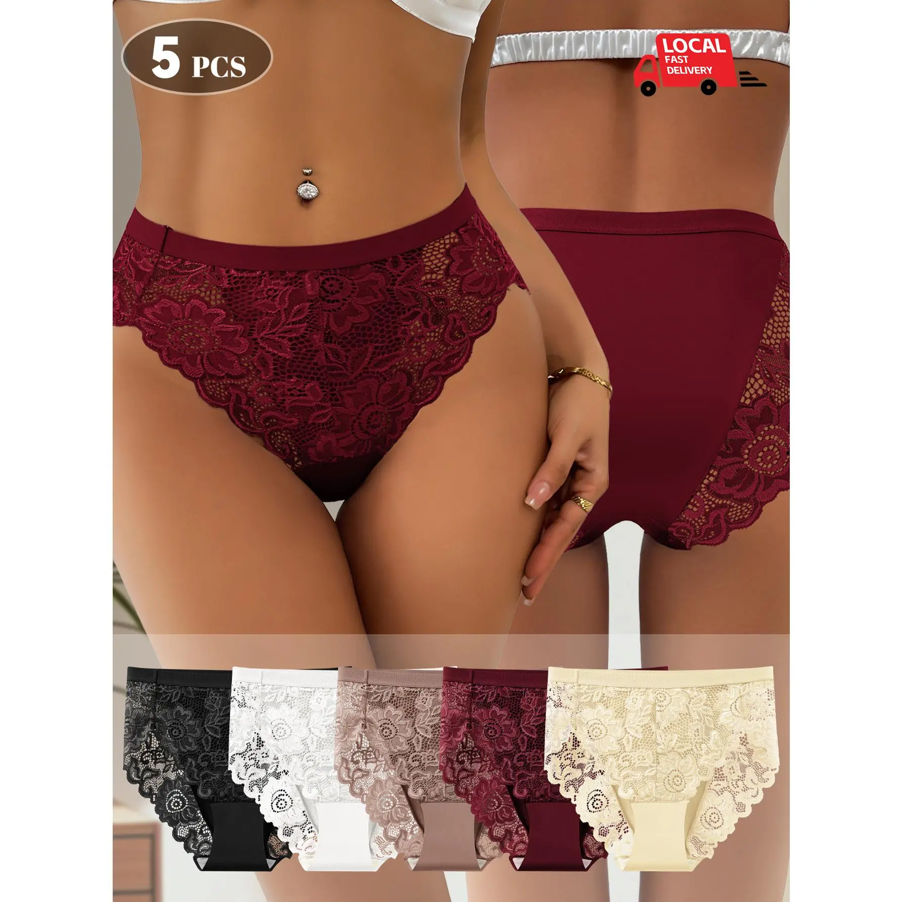 QUASTI 5PCS Assorted Contrast Lace Panty Set, No Trace Mid‑Waist Hipster Underwear, Floral Lace Brief With Wavy Edge Trim, Breathable Lightweight Soft Skin‑Friendly Stretch Underwear, Confident Everyday Wear Panties, S‑XXL, Summerwins