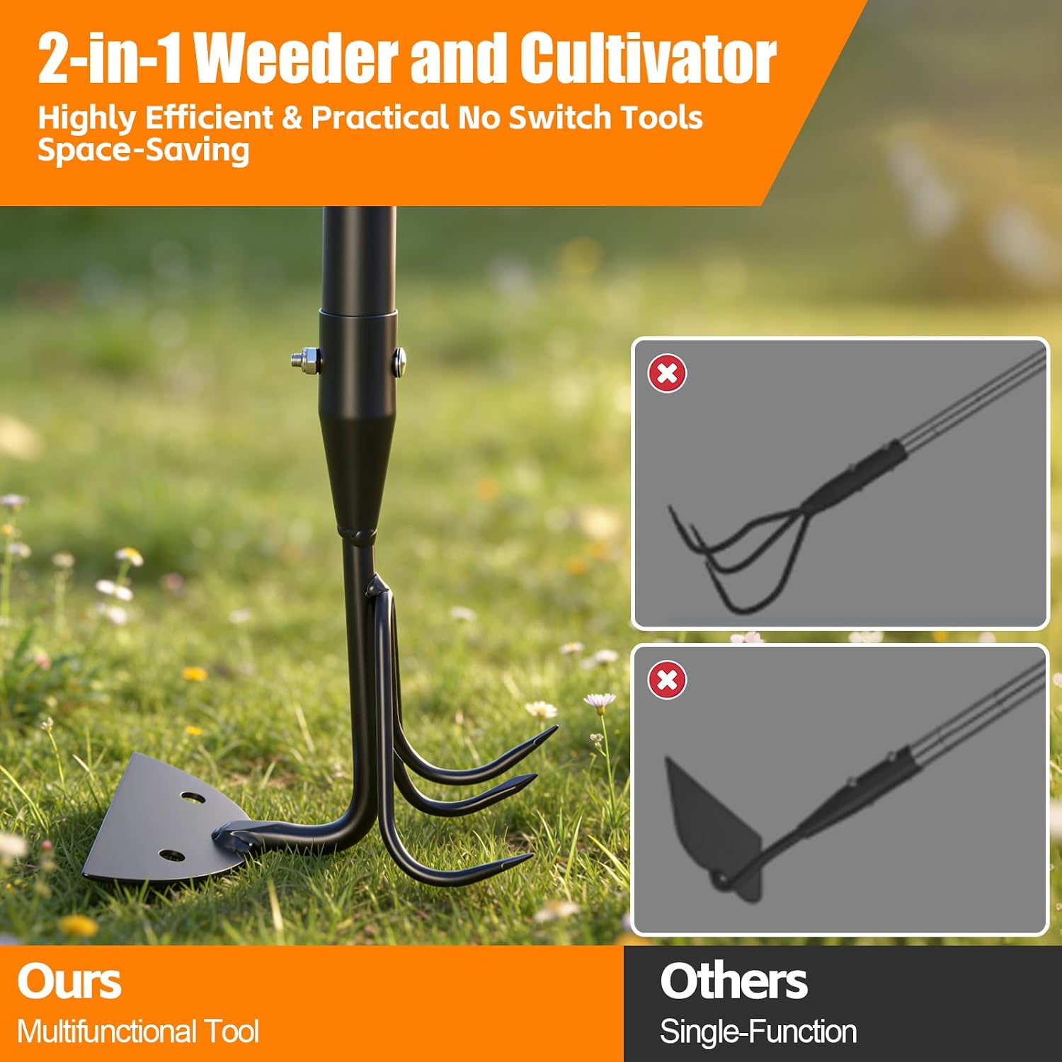 65 Inch 2-in-1 Hoe and Cultivator Garden Tool, Heavy Duty Garden Hoe with 3-Tine Tiller Rake for Weeding and Soil Loosening, Long Handle Stand Up Weed  for Planting, Digging & Gardening