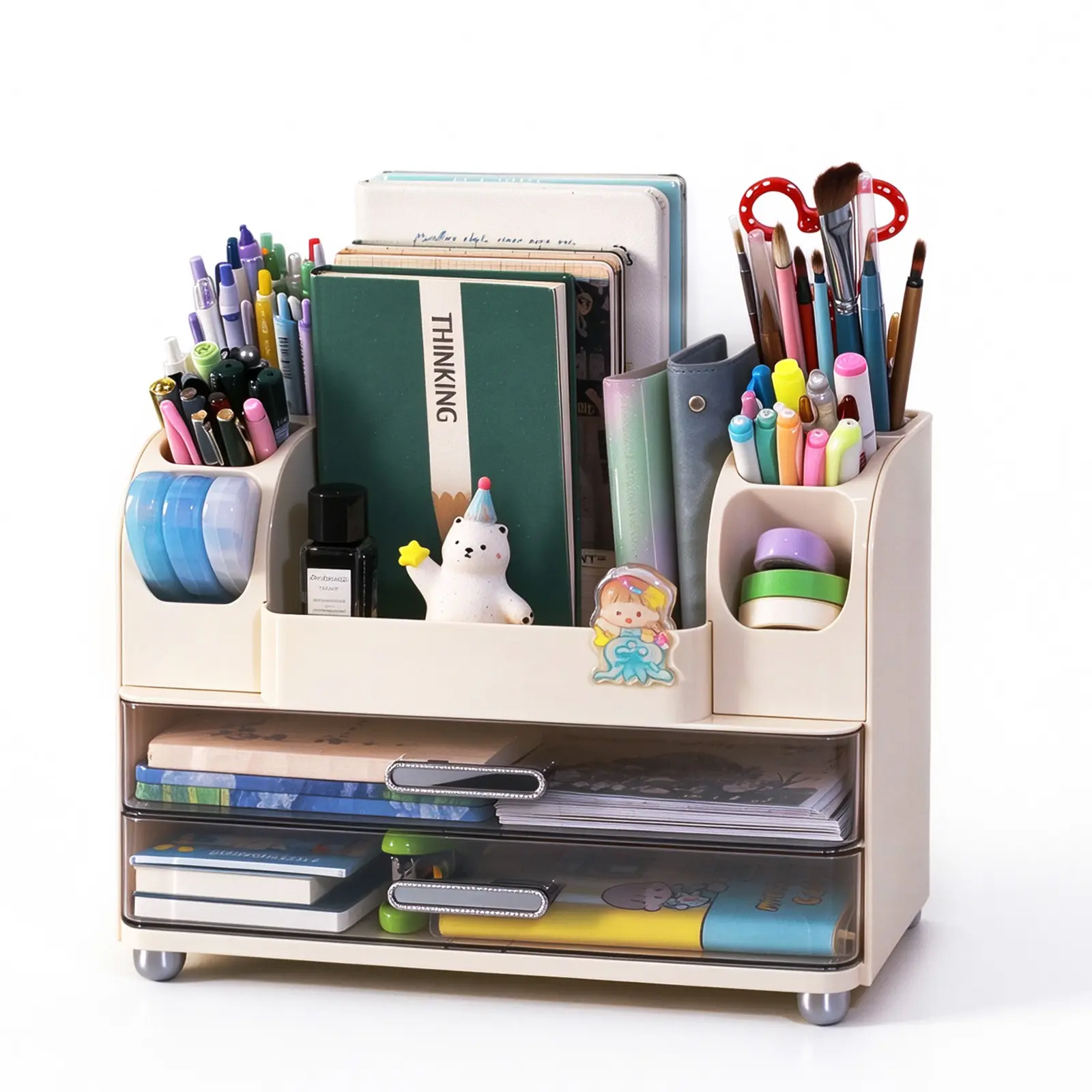 ABS Desktop Study Organizer Caddy - 6 Pen Holders, 2 Drawers, Multiple Compartments for Office & School Supplies, Space-Saving Home Storage Holder