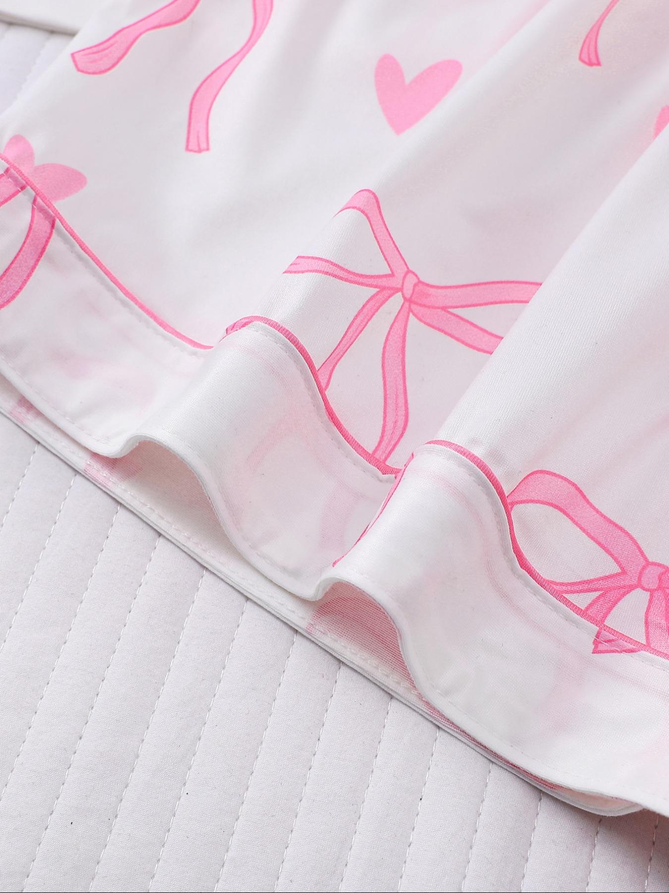 Women's Bowknot Printed Pyjama Set, Casual Outdoor Wear, Soft Shirt & Elastic Shorts, All-Season Comfortable Home Clothing, Loungewear