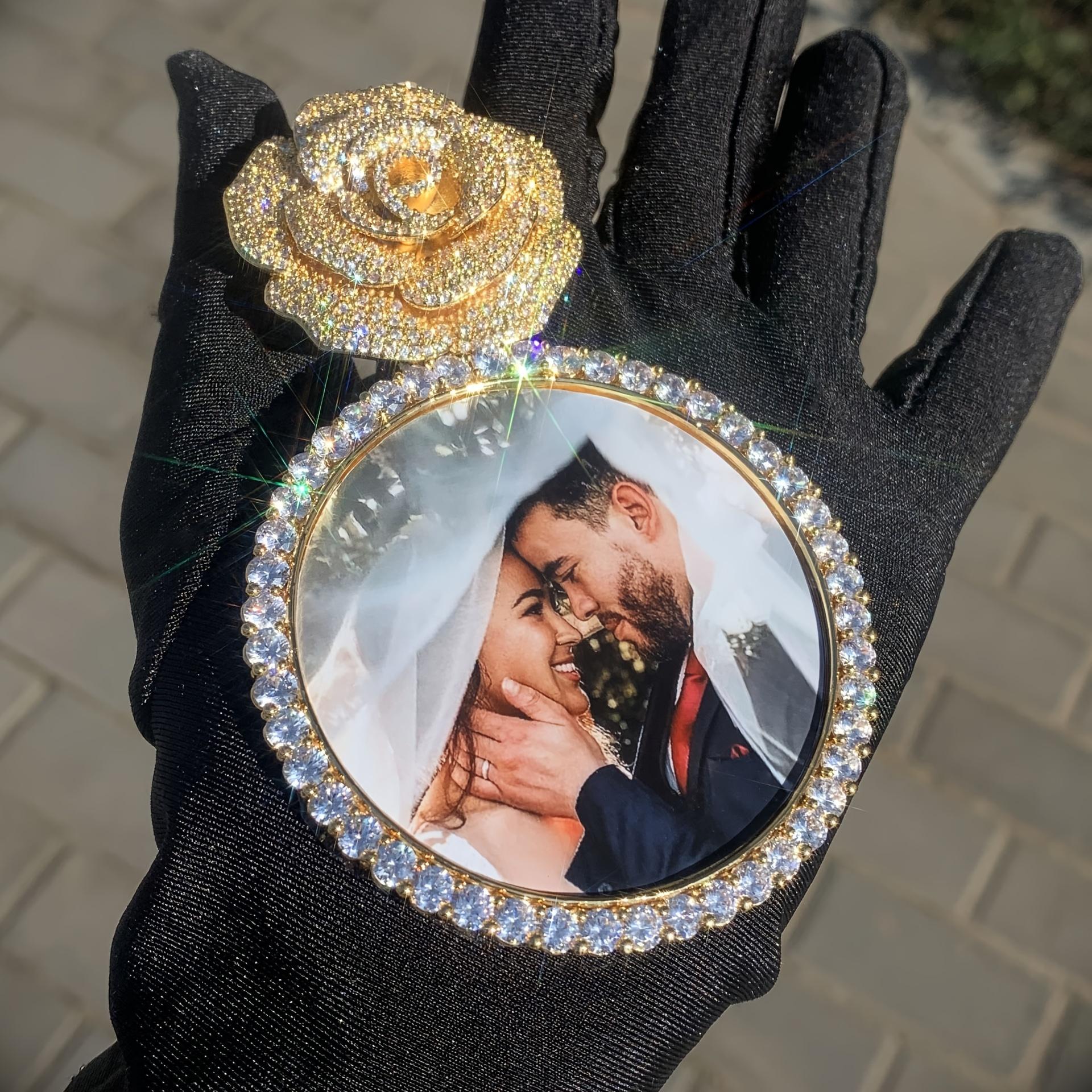 Large Big Circle Chain Photo Picture  Customized  Rose Pendant CZ Custom Chain Necklace For Men Women Gift