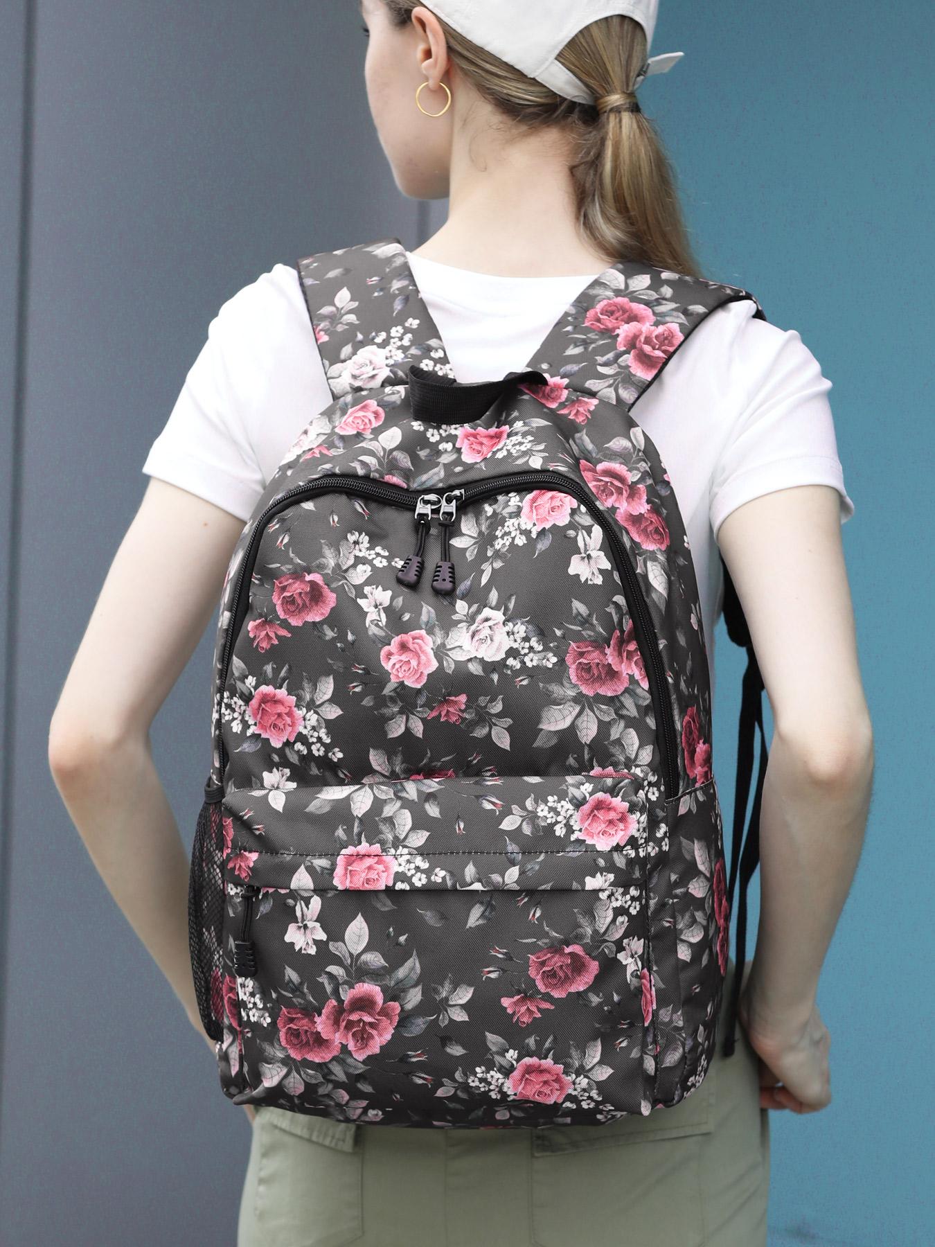 Large Capacity Waterproof School Backpack, Rose Pattern Laptop Bag, Multifunctional Travel Bag for Men & Women, Lightweight College Backpack