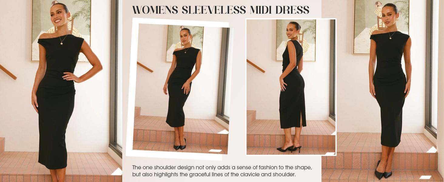 Wenrine Women‘s One Shoulder Midi Dress Elegant Bodycon Sleeveless Knit Ruched Slit Cocktail Party Formal Dresses