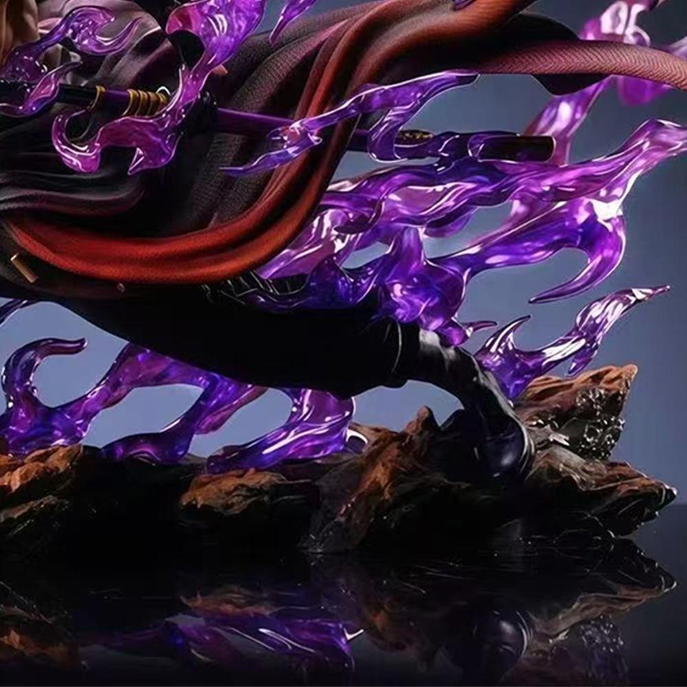 One Piece Roronoa Zoro Figure, Enma Haki Battle Scene, Purple Flame Effect Statue, Anime Model Decor，Drift Rock Base, Desktop Decor Figurine