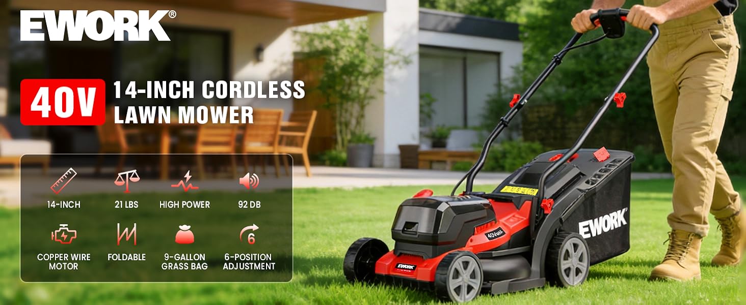 EWORK 40V Electric Lawn Mower Cordless, 14" Electric Push Mower with 2x4.0Ah Batteries & Charger, 3800RPM Motor, 6-Height Adjustment, 21Lbs Lightweight Battery Powered Lawnmower for Garden, Small Yard
