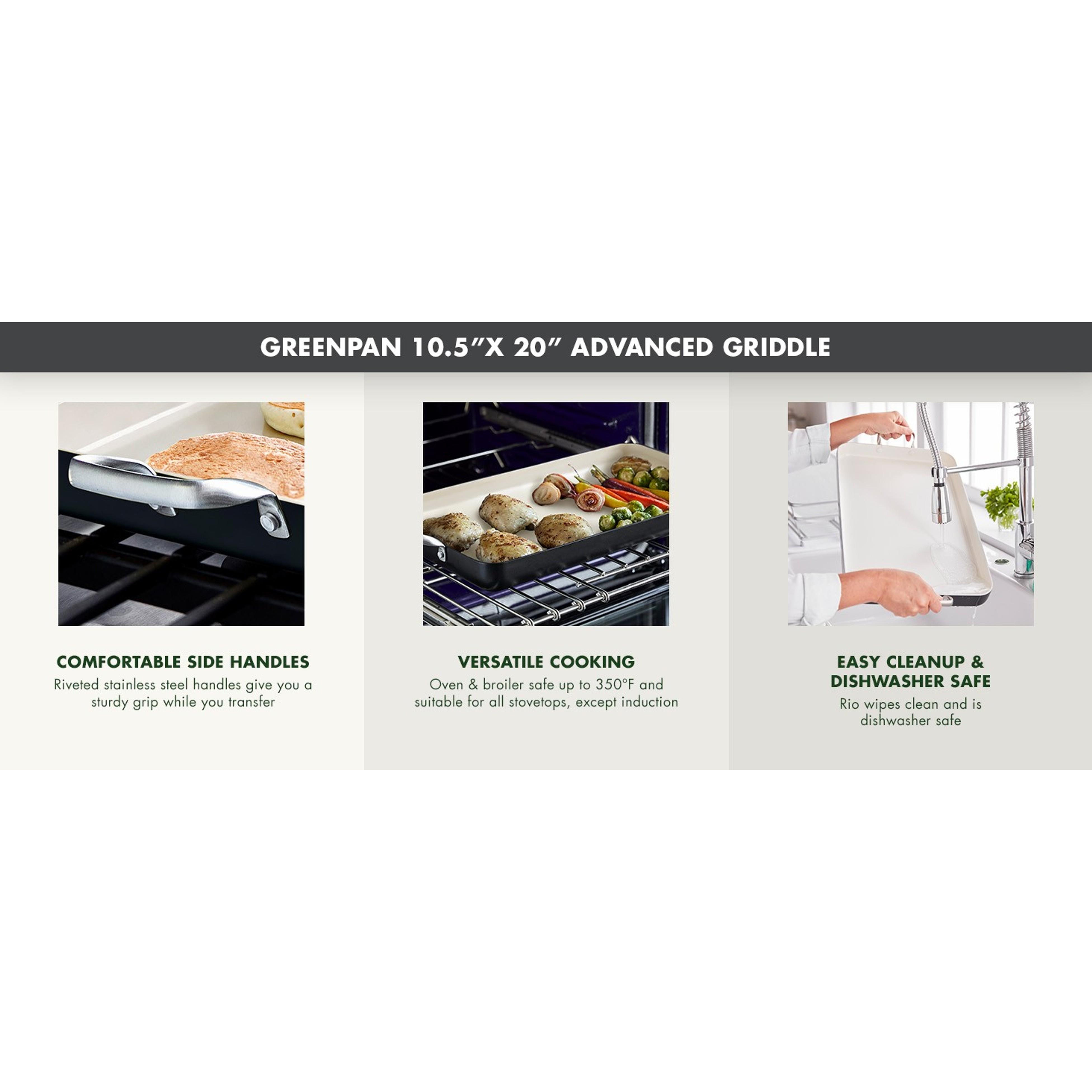 GreenPan Thick Rectangular 18in x 11in Double Burner Hard-Anodized Aluminium Griddle Cookware, Healthy Ceramic Nonstick PFAS-Free, Stainless Steel Handles, Stovetop Cook Use, Dishwasher-Oven-Broiler Safe, Black