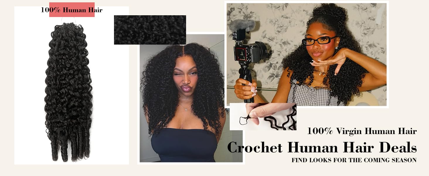 Burmese Curly Feather Crochet Human Hair Bundles Human Crochet Hair Pre Looped 100 Strands Pre-Separated Reusable Invisible 100% Virgin Human Hair Crochet Extensions 16 Inch 120g Natural Black